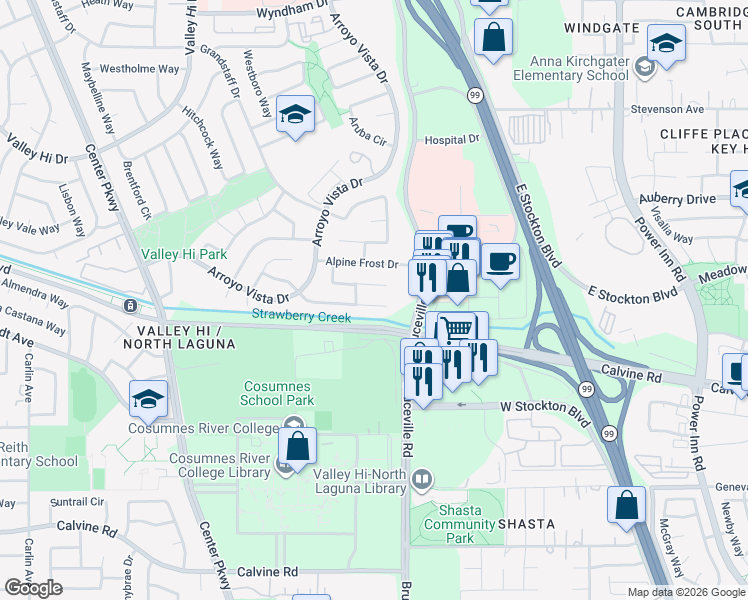 map of restaurants, bars, coffee shops, grocery stores, and more near 7202 Snowy Birch Way in Sacramento