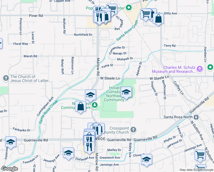 map of restaurants, bars, coffee shops, grocery stores, and more near 2779 Royal Oak Place in Santa Rosa