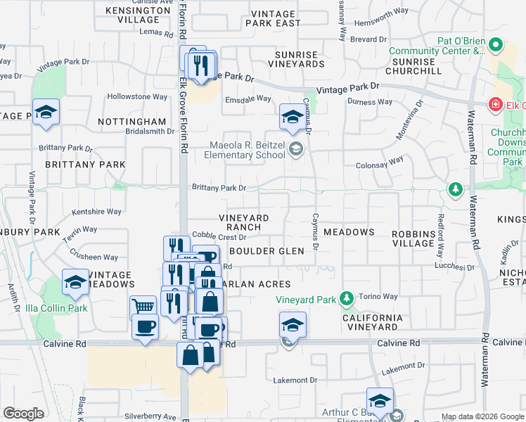 map of restaurants, bars, coffee shops, grocery stores, and more near 8988-9018 Sand Field Court in Sacramento