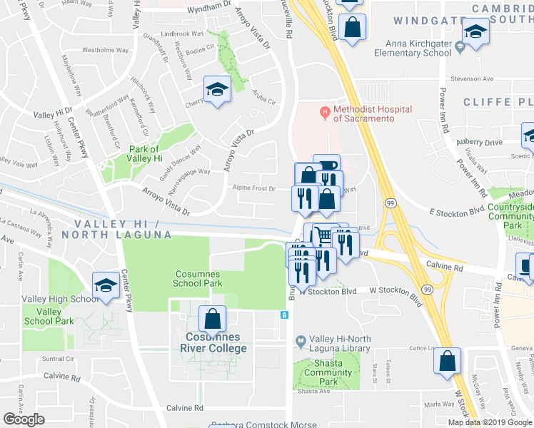 map of restaurants, bars, coffee shops, grocery stores, and more near 7202 Snowy Birch Way in Sacramento