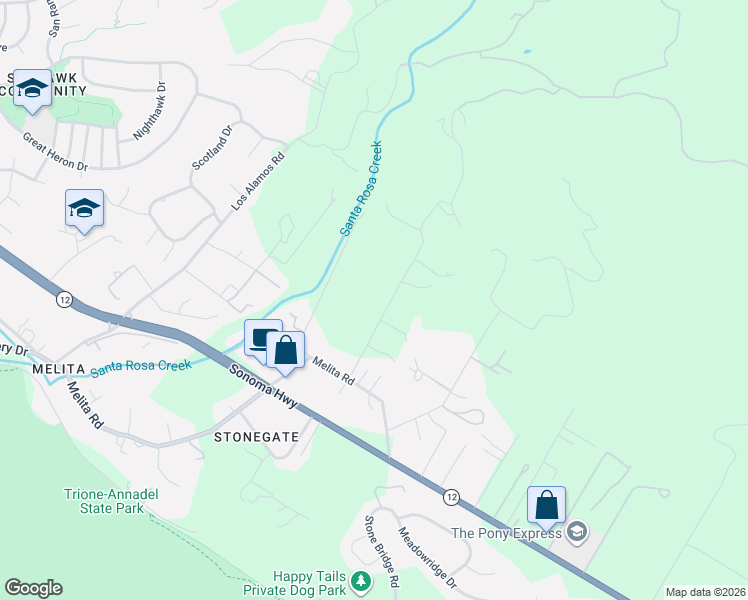 map of restaurants, bars, coffee shops, grocery stores, and more near 6277 Melita Road in Santa Rosa