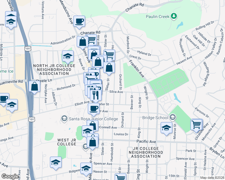 map of restaurants, bars, coffee shops, grocery stores, and more near 618 Silva Avenue in Santa Rosa