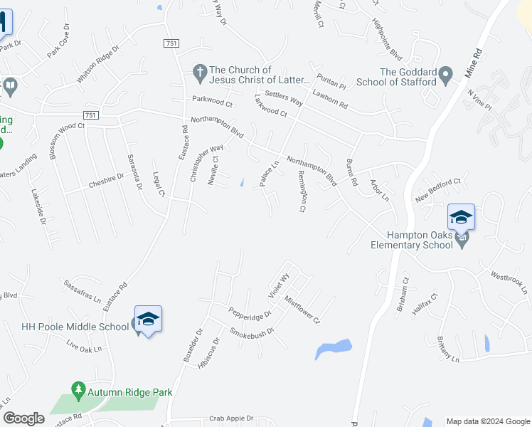 map of restaurants, bars, coffee shops, grocery stores, and more near 32 Palace Lane in Stafford