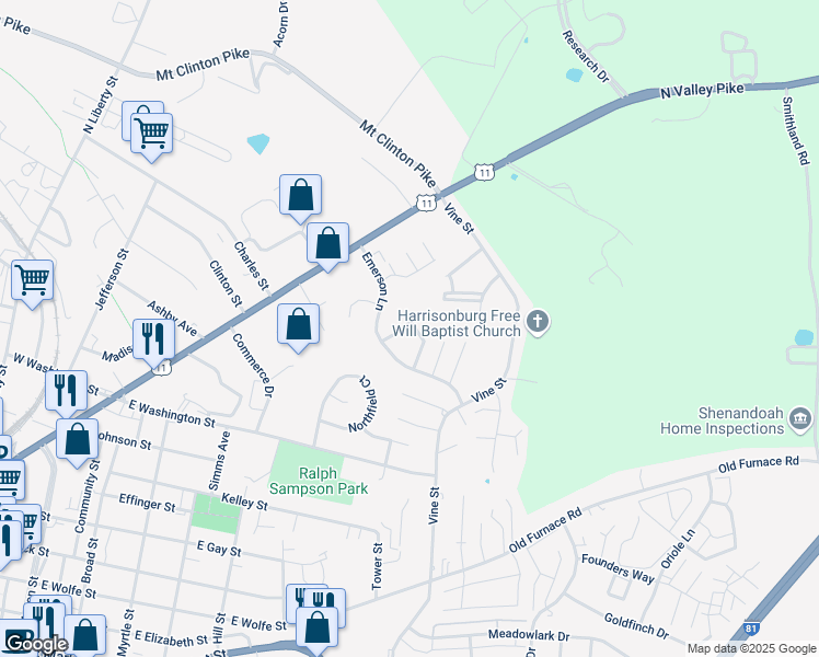 map of restaurants, bars, coffee shops, grocery stores, and more near 1231 Old Richmond Circle in Harrisonburg