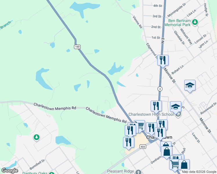 map of restaurants, bars, coffee shops, grocery stores, and more near 701 Indiana 160 in Charlestown