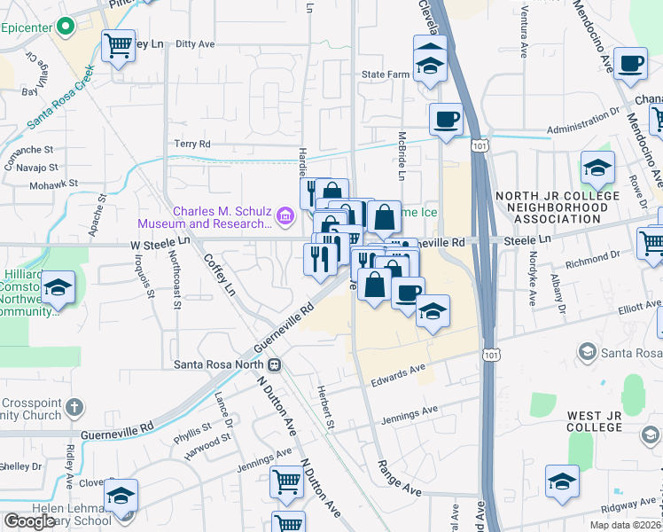 map of restaurants, bars, coffee shops, grocery stores, and more near 1300 Guerneville Road in Santa Rosa