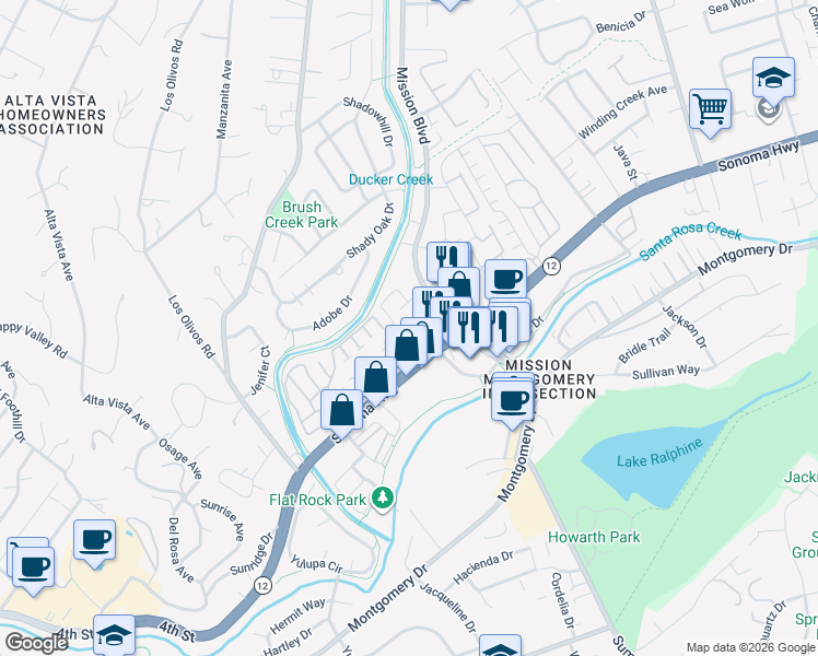 map of restaurants, bars, coffee shops, grocery stores, and more near 4415 California 12 in Santa Rosa