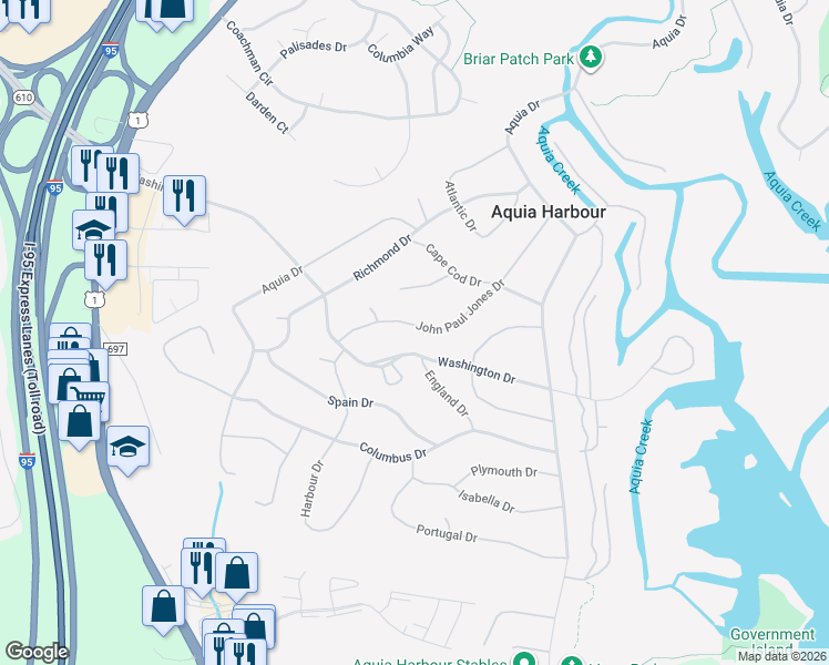 map of restaurants, bars, coffee shops, grocery stores, and more near 1017 John Paul Jones Drive in Stafford
