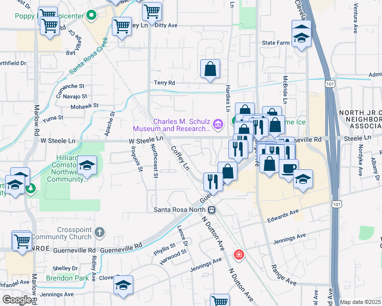 map of restaurants, bars, coffee shops, grocery stores, and more near 1868 Dorado Court in Santa Rosa