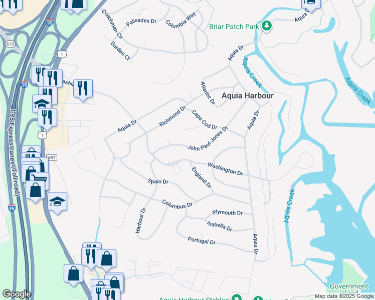 map of restaurants, bars, coffee shops, grocery stores, and more near 1017 John Paul Jones Drive in Stafford