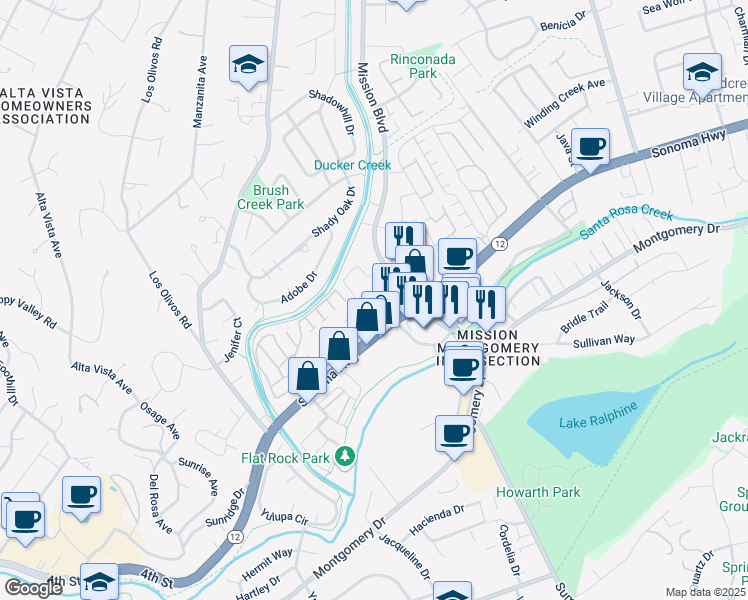 map of restaurants, bars, coffee shops, grocery stores, and more near 433 Mission Boulevard in Santa Rosa