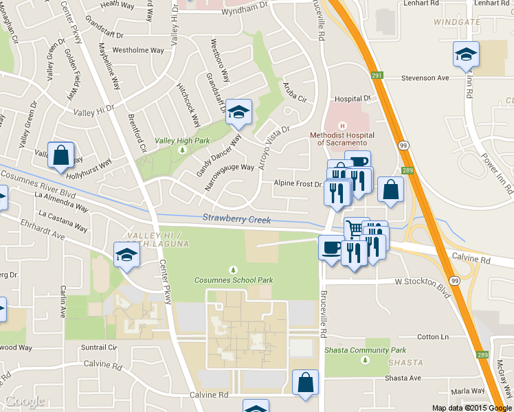 map of restaurants, bars, coffee shops, grocery stores, and more near 7138 Snowy Birch Way in Sacramento