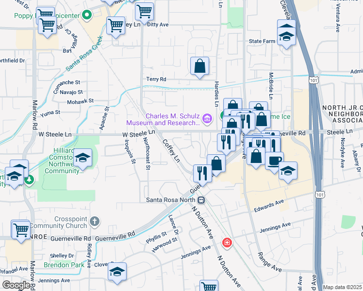 map of restaurants, bars, coffee shops, grocery stores, and more near 1868 Dorado Court in Santa Rosa