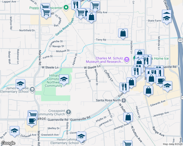 map of restaurants, bars, coffee shops, grocery stores, and more near 2416 Pomo Court in Santa Rosa