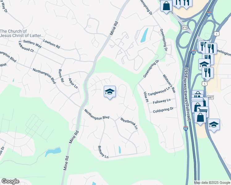 map of restaurants, bars, coffee shops, grocery stores, and more near 42 Bridgeport Circle in Stafford