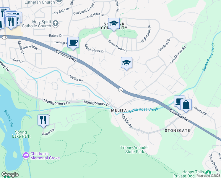 map of restaurants, bars, coffee shops, grocery stores, and more near 5680 California 12 in Santa Rosa