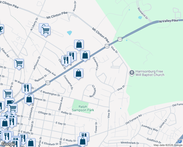 map of restaurants, bars, coffee shops, grocery stores, and more near 227 Emerson Lane in Harrisonburg