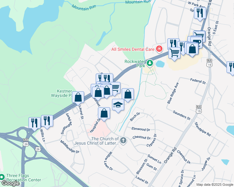 map of restaurants, bars, coffee shops, grocery stores, and more near 590 Meadowbrook Drive in Culpeper