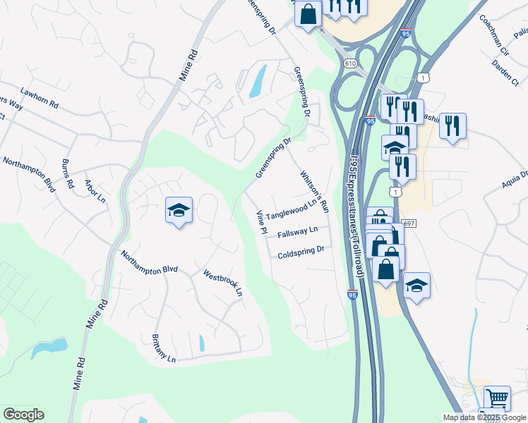 map of restaurants, bars, coffee shops, grocery stores, and more near 208 Vine Place in Stafford