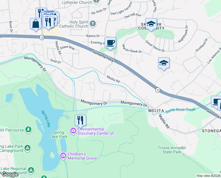map of restaurants, bars, coffee shops, grocery stores, and more near 5555 Montgomery Drive in Santa Rosa