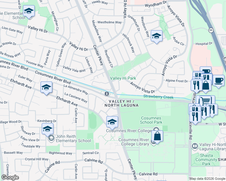 map of restaurants, bars, coffee shops, grocery stores, and more near 6349 Cosumnes River Boulevard in Sacramento