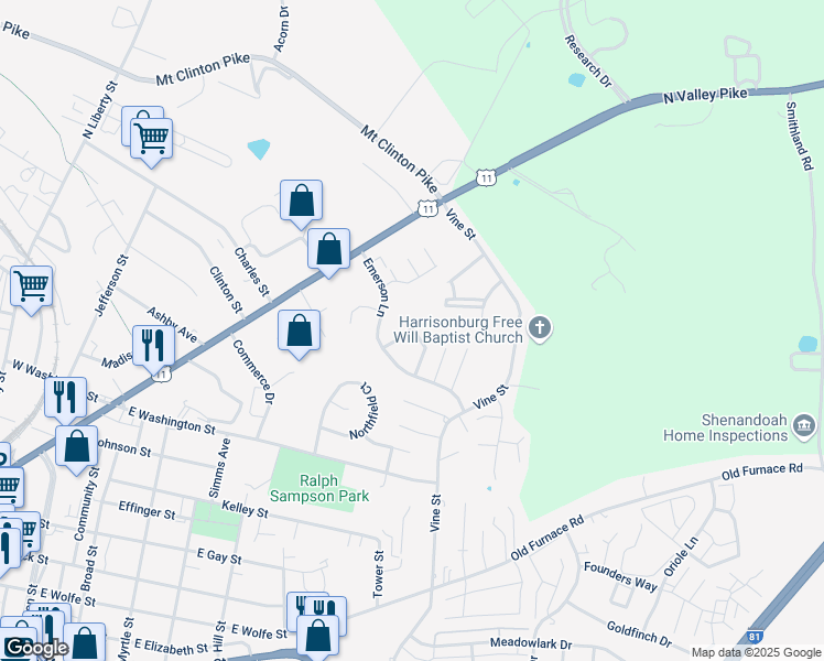 map of restaurants, bars, coffee shops, grocery stores, and more near 1295 Old Richmond Circle in Harrisonburg