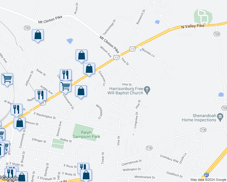 map of restaurants, bars, coffee shops, grocery stores, and more near 1254 Old Richmond Circle in Harrisonburg