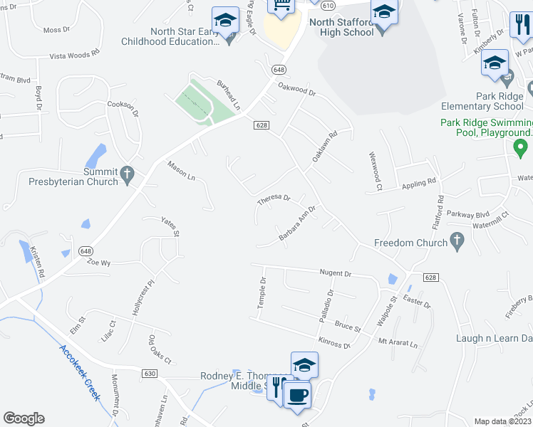 map of restaurants, bars, coffee shops, grocery stores, and more near 4 Frank Court in Stafford
