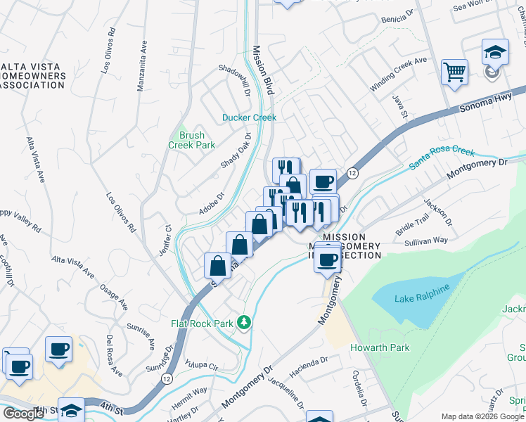 map of restaurants, bars, coffee shops, grocery stores, and more near 435 Mission Boulevard in Santa Rosa
