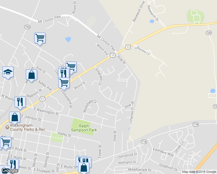 map of restaurants, bars, coffee shops, grocery stores, and more near 1260 Old Richmond Circle in Harrisonburg