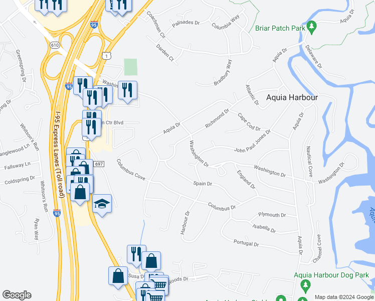 map of restaurants, bars, coffee shops, grocery stores, and more near 1205 Washington Drive in Stafford