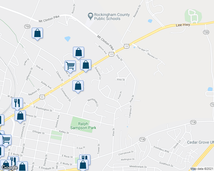 map of restaurants, bars, coffee shops, grocery stores, and more near 1266 Old Richmond Circle in Harrisonburg