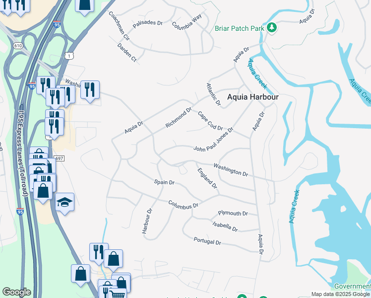 map of restaurants, bars, coffee shops, grocery stores, and more near 1013 John Paul Jones Drive in Stafford