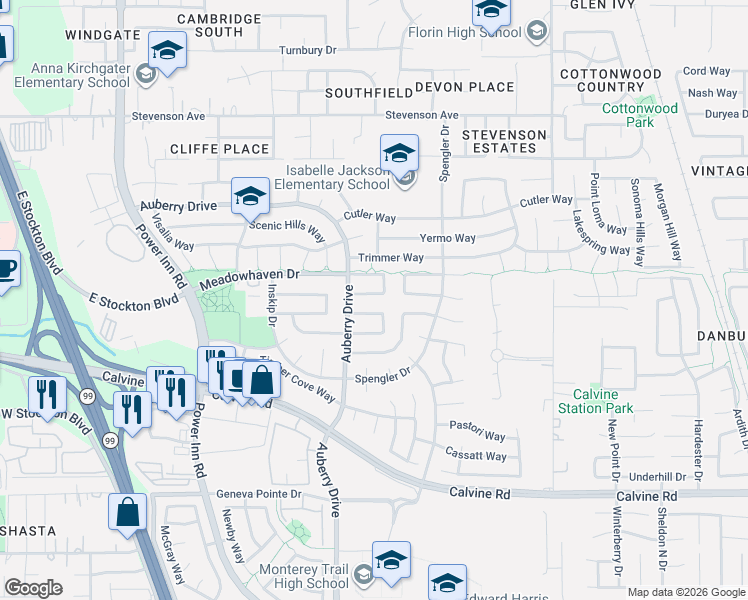 map of restaurants, bars, coffee shops, grocery stores, and more near 8316 Stonybeck Circle in Sacramento