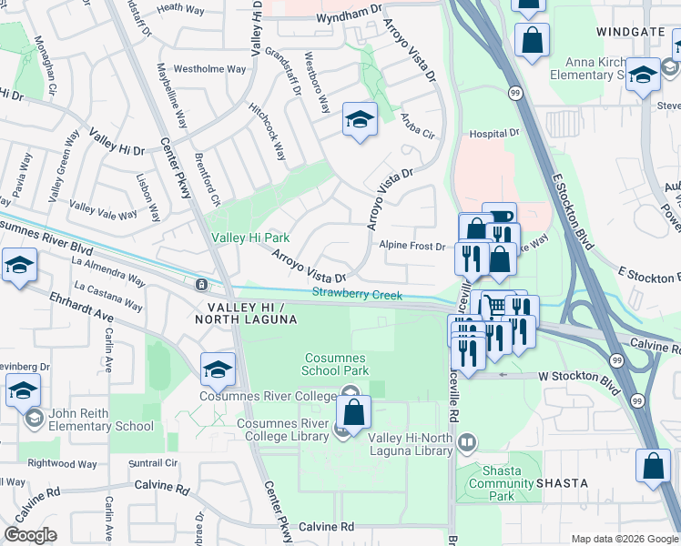 map of restaurants, bars, coffee shops, grocery stores, and more near 8307 Arroyo Vista Drive in Sacramento