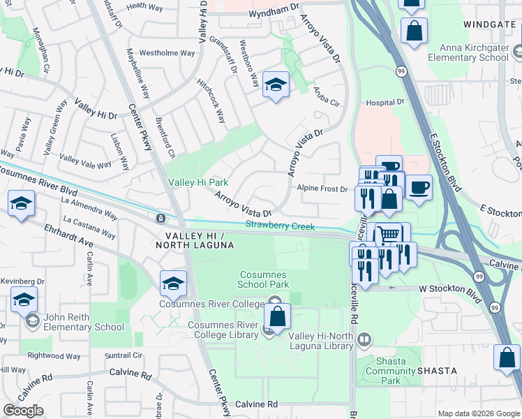 map of restaurants, bars, coffee shops, grocery stores, and more near 8307 Arroyo Vista Drive in Sacramento