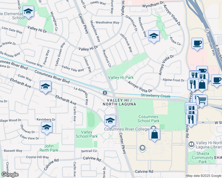 map of restaurants, bars, coffee shops, grocery stores, and more near 6349 Cosumnes River Boulevard in Sacramento