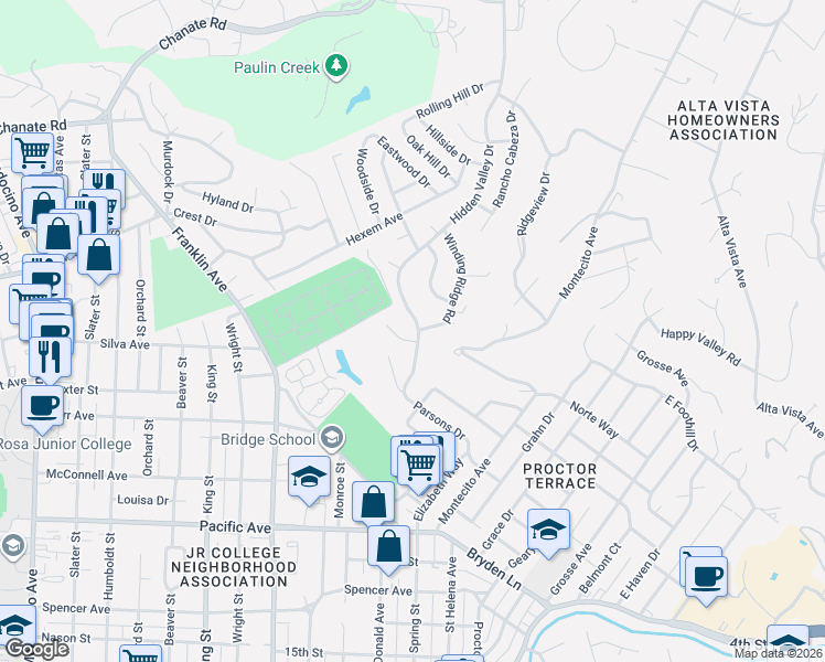 map of restaurants, bars, coffee shops, grocery stores, and more near 1212 Moss Rock Court in Santa Rosa