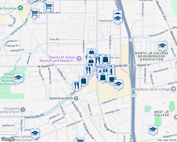 map of restaurants, bars, coffee shops, grocery stores, and more near 1421 Guerneville Road in Santa Rosa