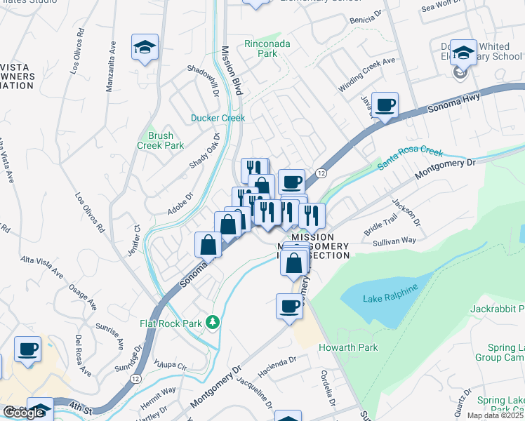 map of restaurants, bars, coffee shops, grocery stores, and more near 56 Mission Circle in Santa Rosa