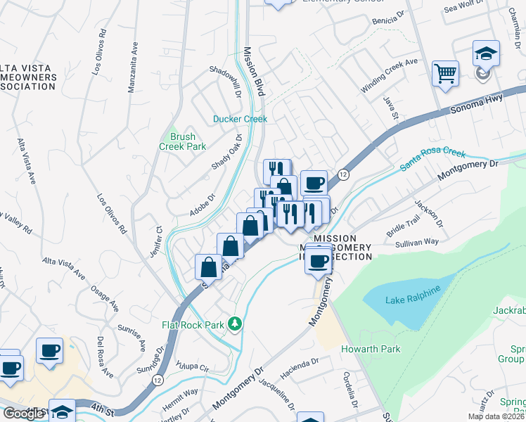 map of restaurants, bars, coffee shops, grocery stores, and more near 4415 California 12 in Santa Rosa