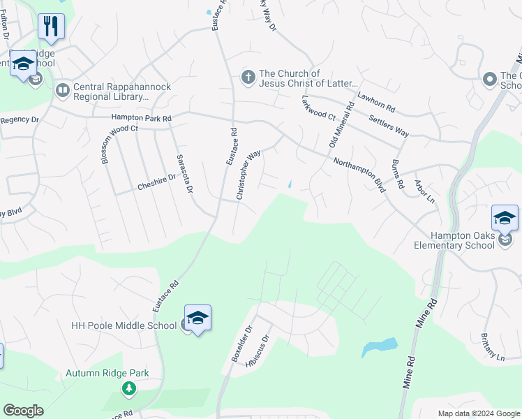 map of restaurants, bars, coffee shops, grocery stores, and more near 13 Queens Mill Court in Stafford