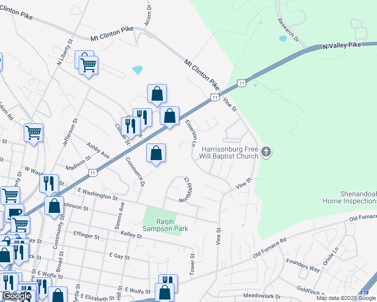 map of restaurants, bars, coffee shops, grocery stores, and more near 227 Emerson Lane in Harrisonburg