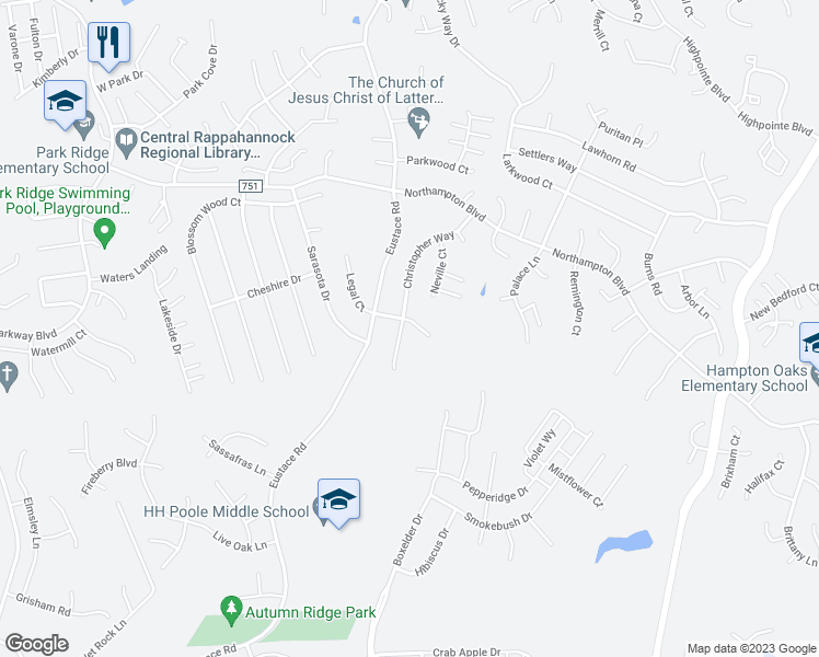 map of restaurants, bars, coffee shops, grocery stores, and more near 43 Christopher Way in Stafford