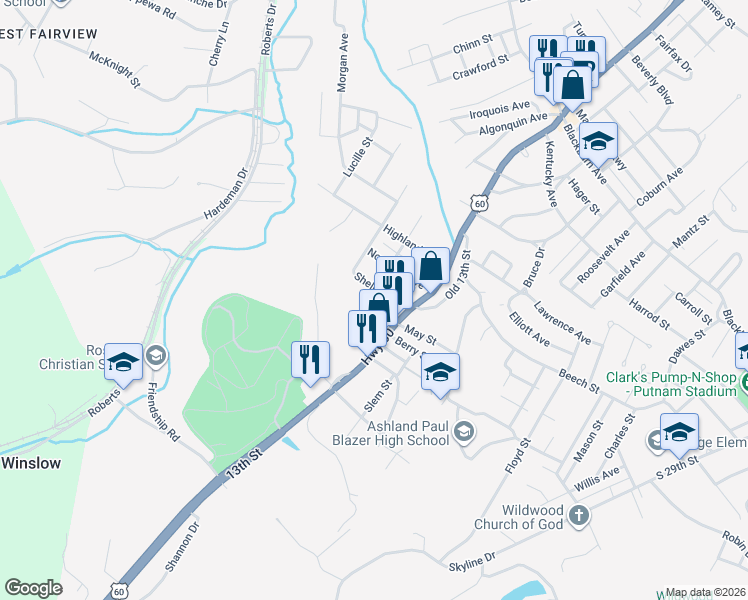 map of restaurants, bars, coffee shops, grocery stores, and more near 3317 13th Street in Ashland