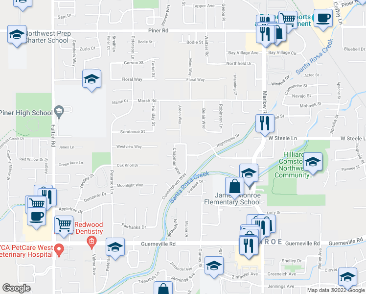 map of restaurants, bars, coffee shops, grocery stores, and more near 1667 Cunningham Way in Santa Rosa