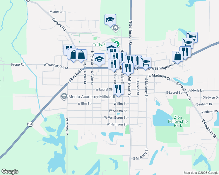 map of restaurants, bars, coffee shops, grocery stores, and more near 213 West Oak Street in Millstadt