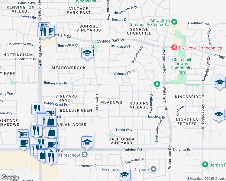 map of restaurants, bars, coffee shops, grocery stores, and more near 9111 Cobble Field Drive in Sacramento