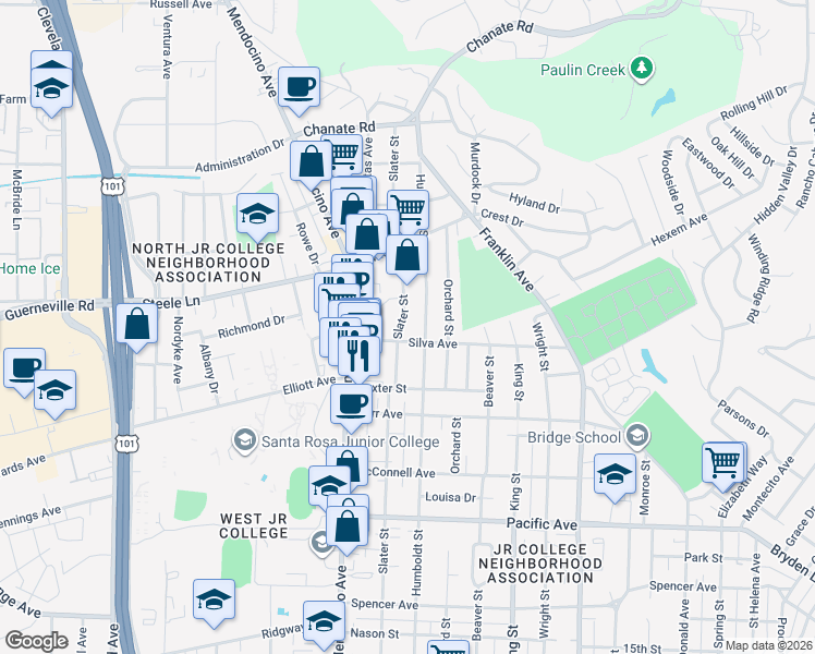 map of restaurants, bars, coffee shops, grocery stores, and more near 618 Silva Avenue in Santa Rosa