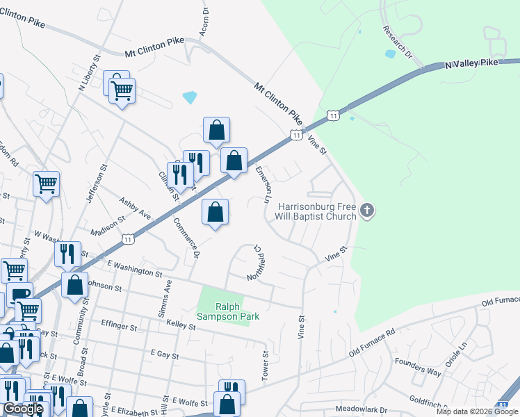 map of restaurants, bars, coffee shops, grocery stores, and more near 227 Emerson Lane in Harrisonburg